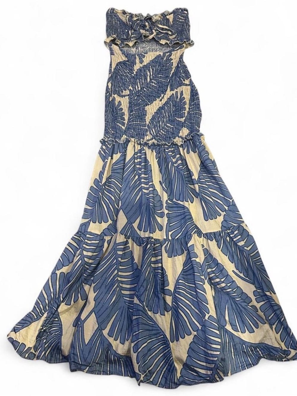 Strapless Blue & Cream Leaf-Print Maxi Dress - Picture 4 of 5